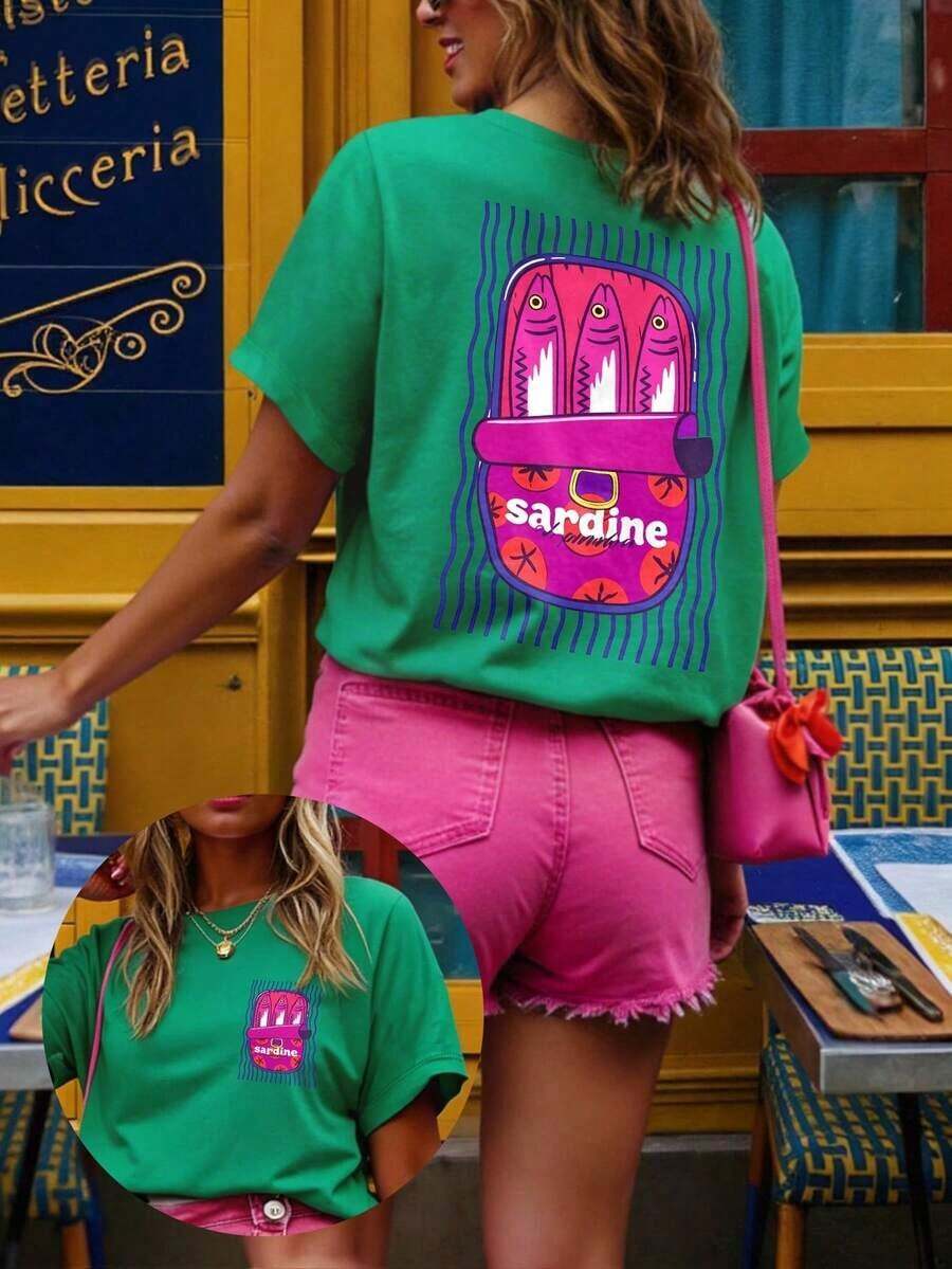 DrmWander Camiseta gráfica para mujer, camiseta de manga corta de estilo casual y urbano, top de verano lindo - Verde 7 - Ver 1