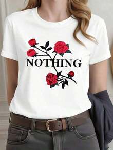 Women's-fashionCamiseta de mujer con estampado gráfico de rosas, algodón suave, corte relajado, estilo casual, cómoda, dise?o gráfico.New loose and versatile top 100% Cotton Blusas Bonito - Blanco - Ver 6