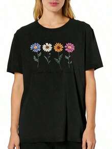 Camisetas de Verano de Moda para Mujer Talla Grande, Camisetas de Manga Corta con Estampado Floral, Ropa de Mujer, Camisetas de Verano para Vacaciones de Verano 100% Cotton Blusas Bonito - Negro - Ver 7