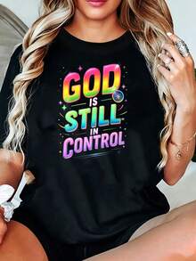 Plus Size - Plus Size - Women's T-Shirt Black God Still Has Control Rainbow Text And Star Print - 黑色 - 查看 1