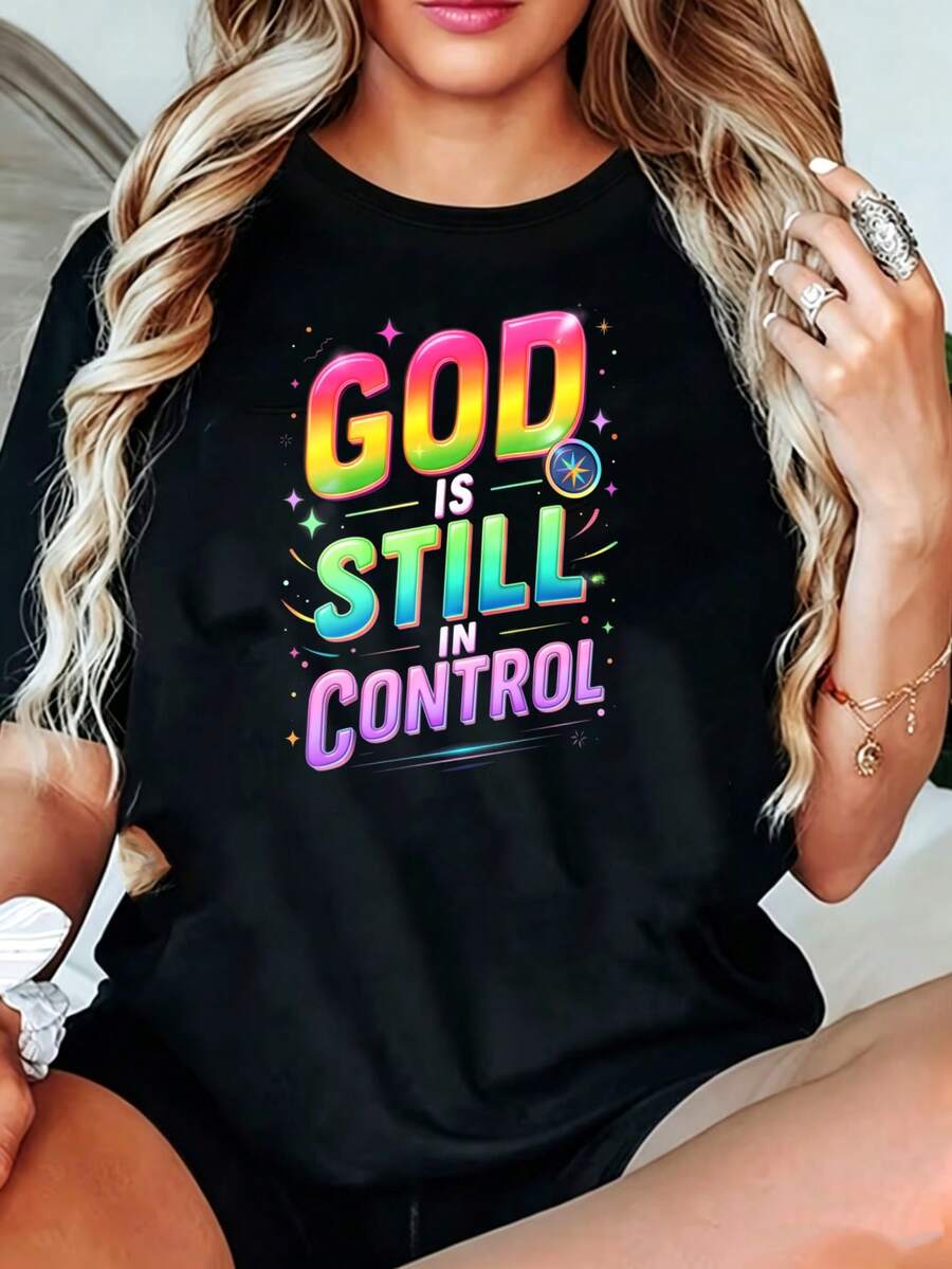 Plus Size - Plus Size - Women's T-Shirt Black God Still Has Control Rainbow Text And Star Print - 黑色 - 查看 1