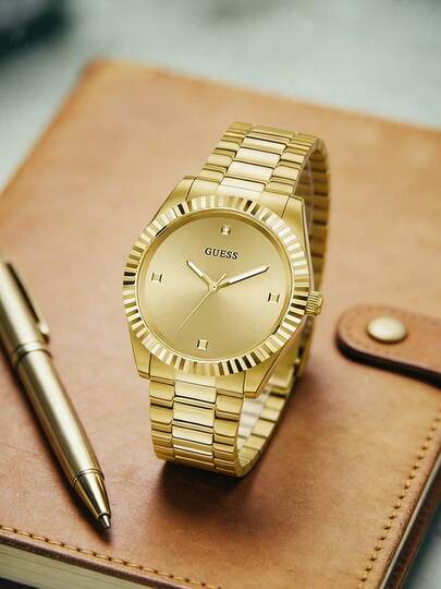  GUESS Men's All Gold Stainless Steel Watch Fluted Bezel Diamond Accent Dial 30M Water Resistant Quartz Wristwatch GW0542G2