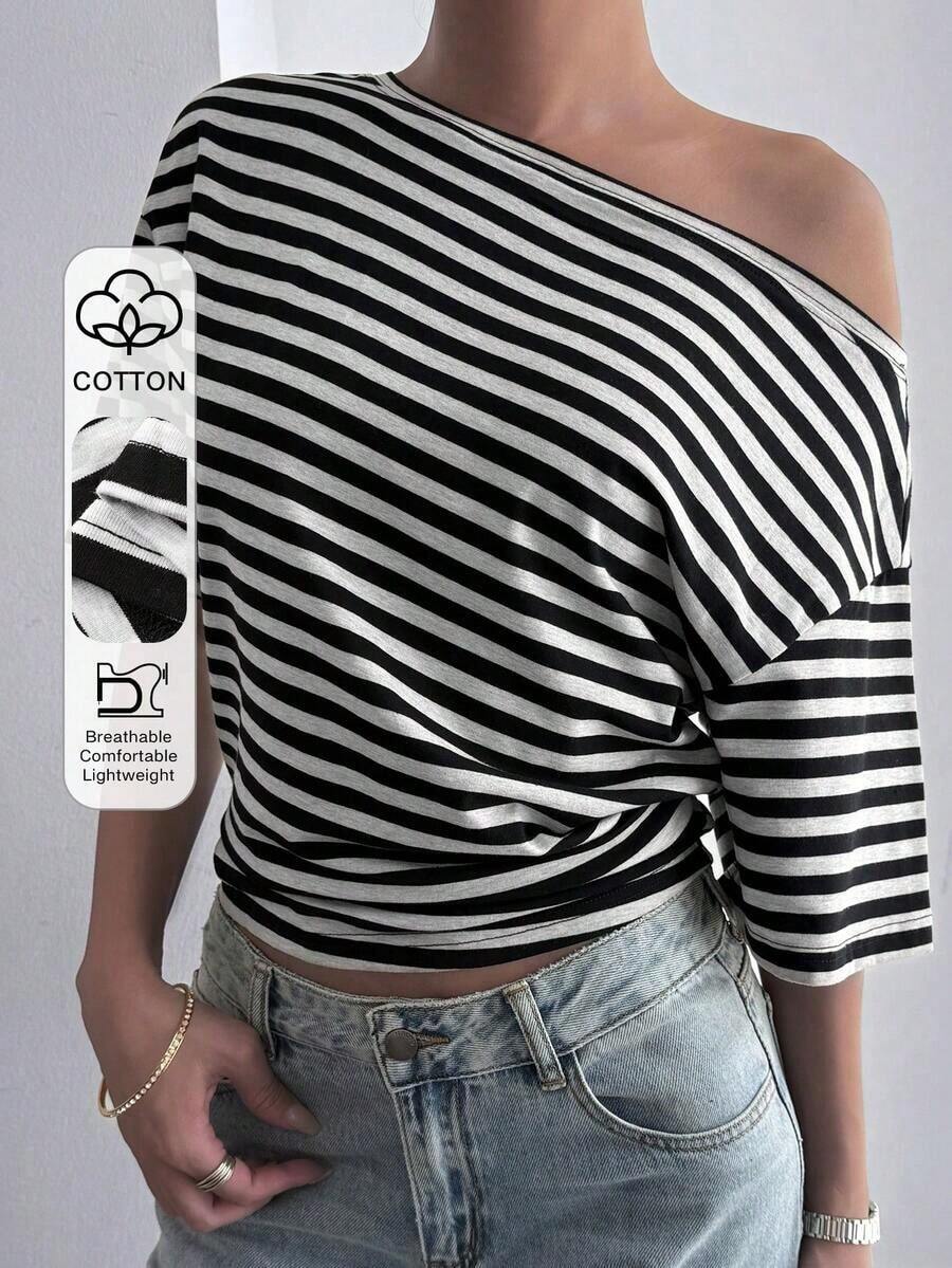 Blusa holgada y casual de mujer con rayas y parches, cuello oblicuo y manga corta, elegante estilo callejero para primavera, verano y otoño - Blanco y Negro 2 - Ver 1