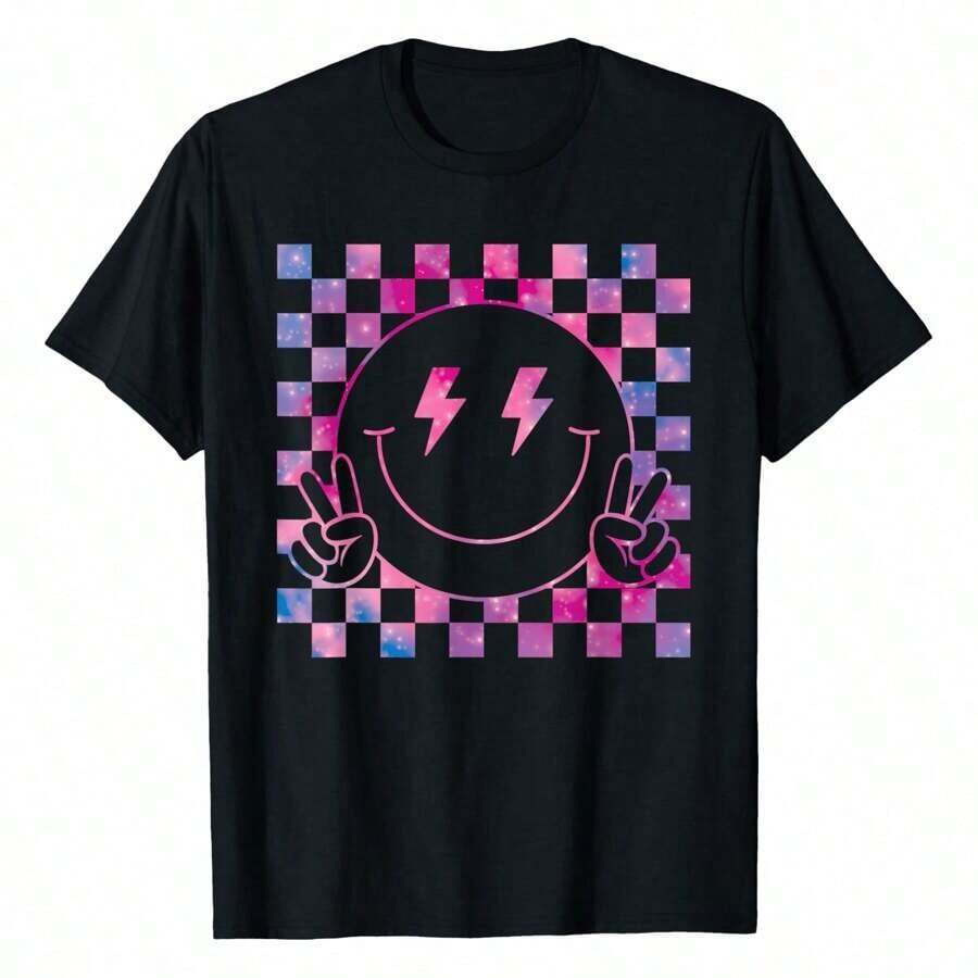 Camiseta Casual de Corte Holgado para Mujer, con Estampado de Cara Sonriente y Cuadros Galácticos Rosados, Transpirable y Cómoda, Manga Corta, Cuello Redondo, Diseño de Ojos de Rayo y Símbolo de la Paz, Algodón Suave, Perfecta para Uso Diario y Estilo Urbano Y2K - Negro - Ver 1