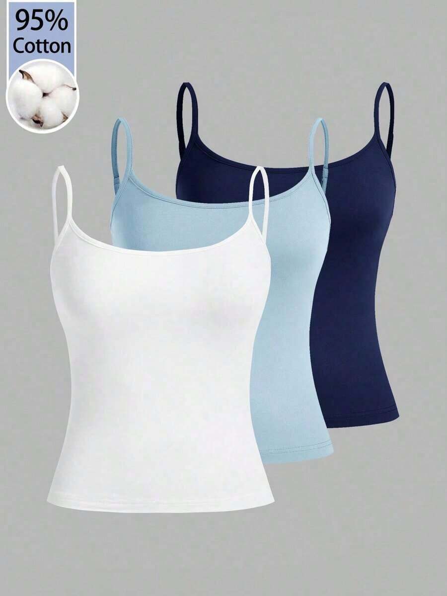 Set de 3 camisetas de tirantes ajustadas informales para mujer, adecuadas para el verano - Multicolor 10 - Ver 1