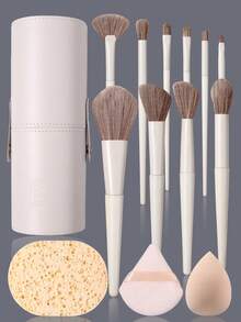 16 piezas Juego de brochas de maquillaje profesional, que incluye brocha para rubor, brocha para contorno, brocha para base, brocha para nariz, brocha para sombra de ojos, brocha para cejas, brocha para labios, brocha de detalle, cerdas suaves, brochas para maquillaje de rostro y ojos, con borla de polvo súper suave y esponja de maquillaje de doble uso, viene con tubo de almacenamiento, kit de brochas de maquillaje portátil - Albaricoque - Ver 2