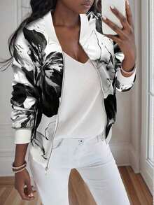 Chaqueta con cremallera con estampado floral casual para mujer - Blanco y Negro - Ver 9