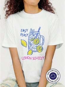 Camiseta Casual "Easy Peasy Lemon Squeezy" con Gráfico Retro de Limonada, Linda Camiseta con Estampado de Frutas de Verano, Camiseta Casual de Algodón 100% con Cuello Redondo para Mujer, Ideal para Festivales y Conciertos Campestres, Transpirable, 100% Algodón, Top Casual de Verano para Uso Diario, 100% Algodón, Duradera. - Blanco - Ver 7