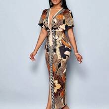 Women's Elegant Chain Print High Slit Thigh Bodycon Dress, Sexy Deep V-Neck, High Waisted Print Batwing Sleeve Dress Unique Dress - Marrón - Ver 5