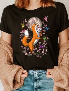 Soft 100% Cotton Women's T-Shirt, Japanese Kitsune Design, Nine-Tailed Fox And Cherry Blossom - Anime And Manga Clothing, Casual Short-Sleeved Round Neck T-Shirt With Fox Design, Machine Washable, Breathable Cotton T-Shirt, Goes With Everything, Cool. - 黑色 - 查看 7