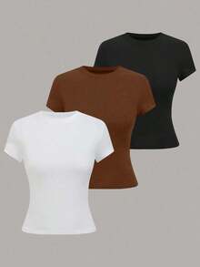 Camiseta casual de mujer de manga corta de unicolor, versátil - Multicolor 5 - Ver 7