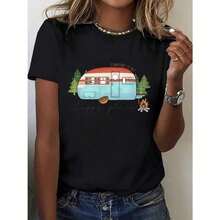 Camiseta Gráfica 100% Algodón para Mujer de SimplicityAndVersatileDesign - Diseño de Camping "Lugar Feliz", Camiseta Casual de Manga Corta con Cuello Redondo, Perfecta para Actividades al Aire Libre y Regalos Navideños. - Negro - Ver 1