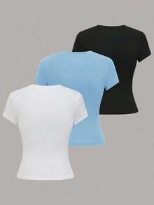 Camiseta casual de mujer de manga corta de unicolor, versátil - Multicolor 20 - Ver 2
