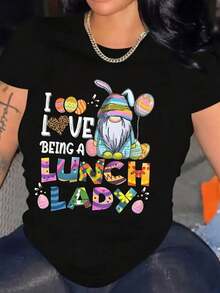 Camiseta Drtida de Talla Grande para Mujer - "Me Enc Ser Cocinera Escolar" con Estampado de Conejo y Glo, Manga Corta y Cuello Redondo, I para Maestras, Fiestas de Primavera, Tres de Pascua y Eventos - Camiseta Cómoda de Cuello Redondo - Negro - Ver 2