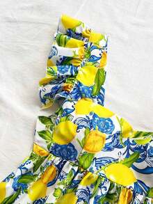 Nueva blusa campesina bohemia de verano con volantes y estampado de limón, para mujeres - Amarillo - Ver 5