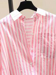 Camisa de manga larga casual con bolsillo en el pecho y estampado de rayas para mujeres, otoño e invierno - Rosa - Ver 4