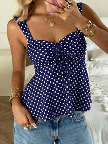 Nueva Colección Primavera/Verano 2026 para Mujer: Blusa/Top sin Mangas con Volantes y Cordón Ajustable, Estampado de Lunares Amarillo Buttercup y Marrón, Estilo Casual y Versátil, Top de Verano - Azul Marino - Ver 7