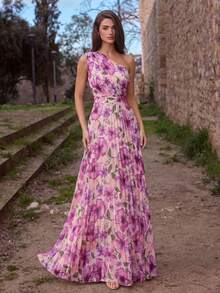 Faeriesty Vestido formal elegante con estampado floral, diseño de un solo hombro con falda plisada - Vestido de lujo adecuado para fiestas de jardín, desfiles de moda modernos, galas elegantes y sesiones de fotos con estilo, esencial para bodas de vacaciones - Rosa - Ver 3
