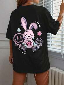 Camiseta de Mujer con Estampado de Dibujos Animados, Cuello Redondo, Camisetas Gráficas para Mujer, Tops de Tela Suave, Transpirable y Cómoda - Negro - Ver 1