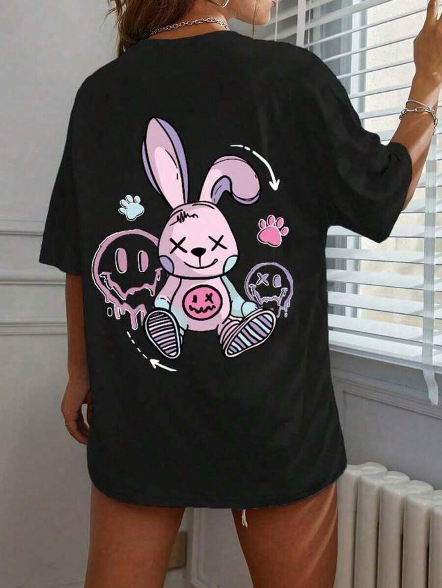 Camiseta de Mujer con Estampado de Dibujos Animados, Cuello Redondo, Camisetas Gráficas para Mujer, Tops de Tela Suave, Transpirable y Cómoda - Negro - Ver 1