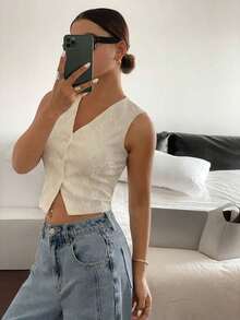 Top sin mangas blanco puro con bordado, de estilo "Old Money", casual y lindo para verano, para salir - Albaricoque - Ver 5