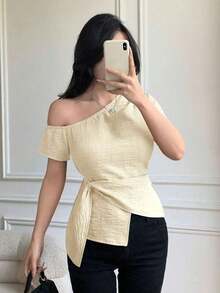 Blusa casual elegante de hombros con nudo, de corte slim para mujeres - Albaricoque - Ver 7