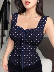 Camiseta ajustada de verano con estampado gráfico de lunares blancos y azul marino, con lazo en la cintura, tops femeninos lindos, ropa con estampado de lunares - Multicolor - Ver 4