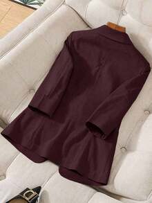 Blazer de lino de 3/4 de manga con cintura ajustable, diseño de botones, adecuado para ir al trabajo, eventos formales, fiestas elegantes, ropa de oficina - Primavera, Verano, Otoño - Morado - Ver 2