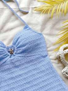 Vestido mini con textura, escote en V, decoración de estrella de mar metálica, cuello con lazo, espalda descubierta, ideal para vacaciones, citas, té de la tarde, días festivos, festivales de música, estilo bohemio - Azul 3 - Ver 5
