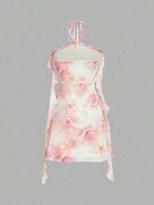 Vestido de malla elástica de punto para mujeres con decoración floral, volantes sin mangas en color lila - Rosa Pálido - Ver 5