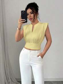 Nueva camiseta sin mangas ajustada para mujer con cuello alto de punto, media cremallera frontal y estilo informal - Amarillo claro - Ver 8