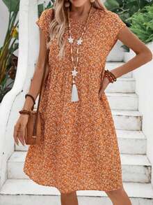Vestido midi azul de manga corta y manga murciélago con estampado floral para mujer, vestidos de verano para mujeres - Naranja - Ver 4