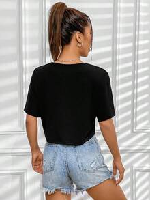 Camiseta casual de mujer con cuello redondo, manga corta y bloque de color con estampado de letras - Negro 2 - Ver 2