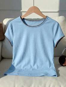 2026 Nueva Moda Camiseta Casual Versátil de Mujer con Cuello Redondo y Mangas Cortas, Contraste de Ribete, Top de Verano, Ropa de Primavera para Exteriores, Top Beige Casual Y2K - Azul - Ver 7