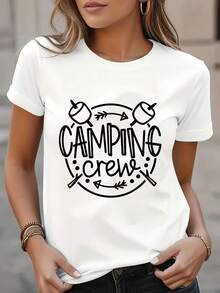 1 camiseta de cuello redondo con estampado de entusiasta del camping, top casual diario para mujer, 180g 100% algodón. - Blanco - Ver 1