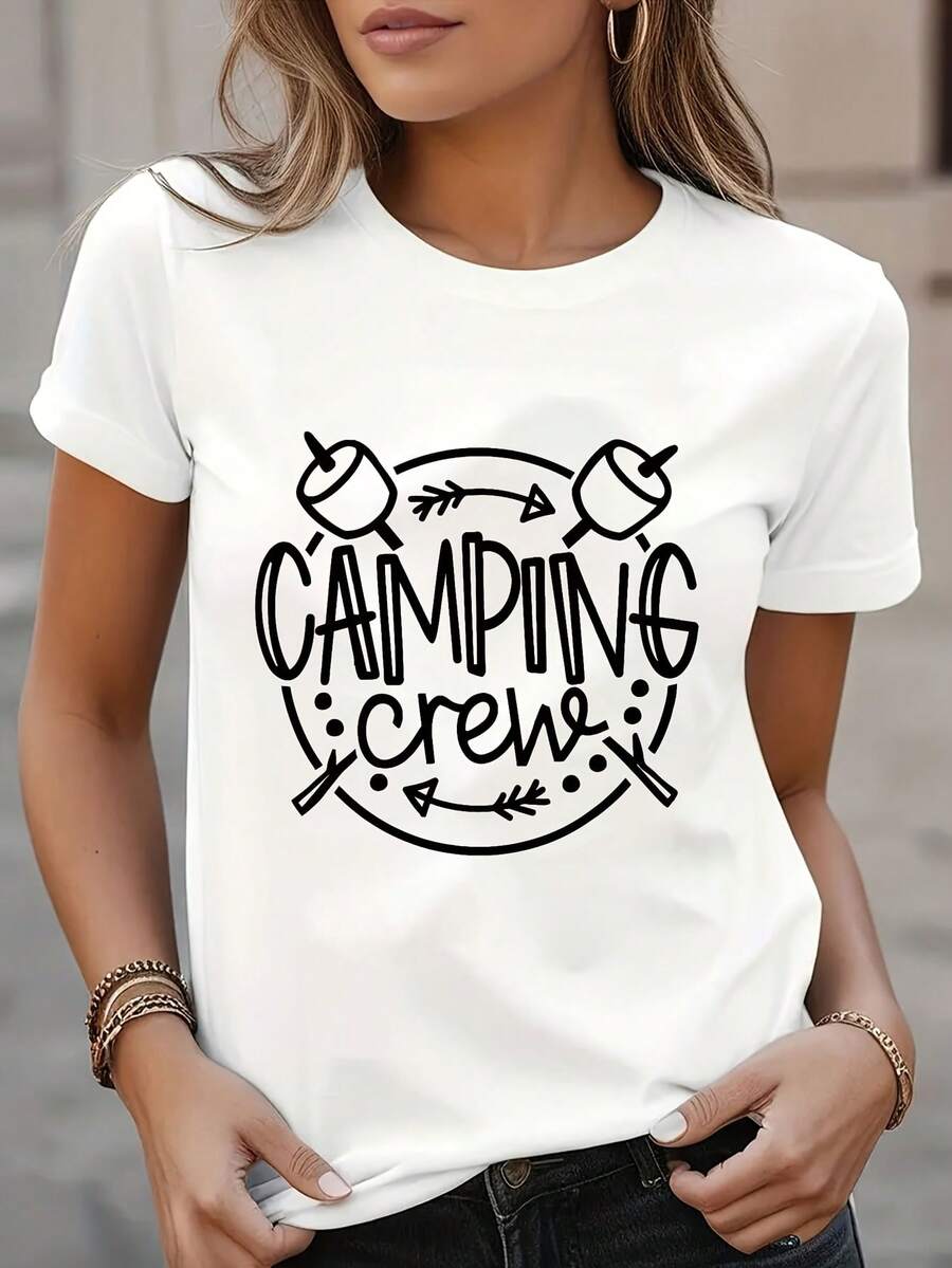 1 camiseta de cuello redondo con estampado de entusiasta del camping, top casual diario para mujer, 180g 100% algodón. - Blanco - Ver 1