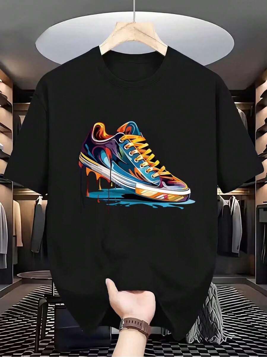 Men's Sneaker Theme T-Shirt - Lightweight And Stretchy Summer Crew Neck T-Shirt With Sneaker Print, Short Sleeves, Casual Streetwear And Sportswear, Durable, Suitable For Gym, Daily Wear, Machine Washable - 黑色 - 查看 1