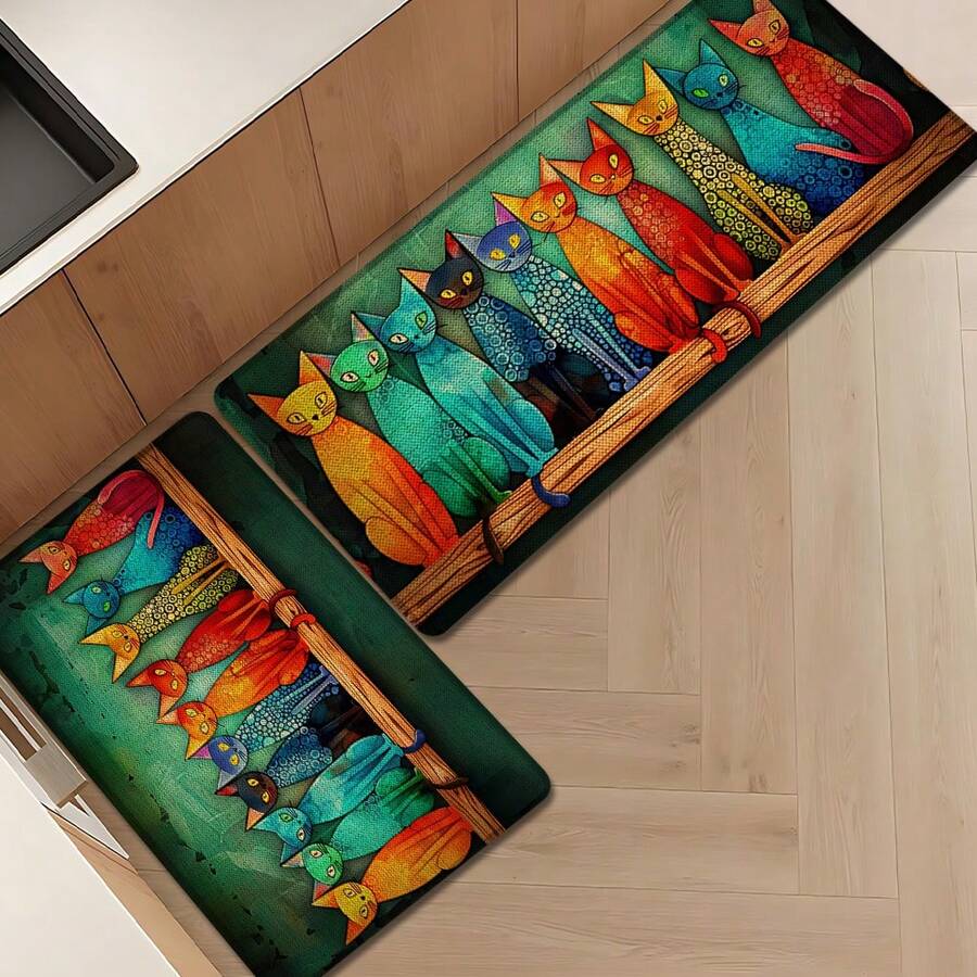 1pc Cat Pattern Printed Linen Kitchen Rug, Doormat, Bath Mat, Hallway Mat, 3D Printed Rectangle Carpet For Living Room, Bedroom, Corridor, Bathroom, Laundry Room - Polyester Rug For Indoor And Outdoor Home Decor - Multicolor - View 1