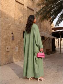 1pc Women's Green Solid Color Batwing Sleeve Robe, Minimalist Elegant Design, Suitable For Daily Wear, Festivals And Versatile Occasions - Olive Green - View 4