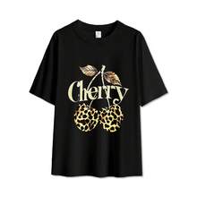 Camiseta de manga corta holgada de verano, con estampado de cerezas y leopardo, estilo americano simple, tela ligera y transpirable, no retiene el sudor, adecuada para uso diario, varios colores, varias tallas, misma versión para hermanas - Negro - Ver 1