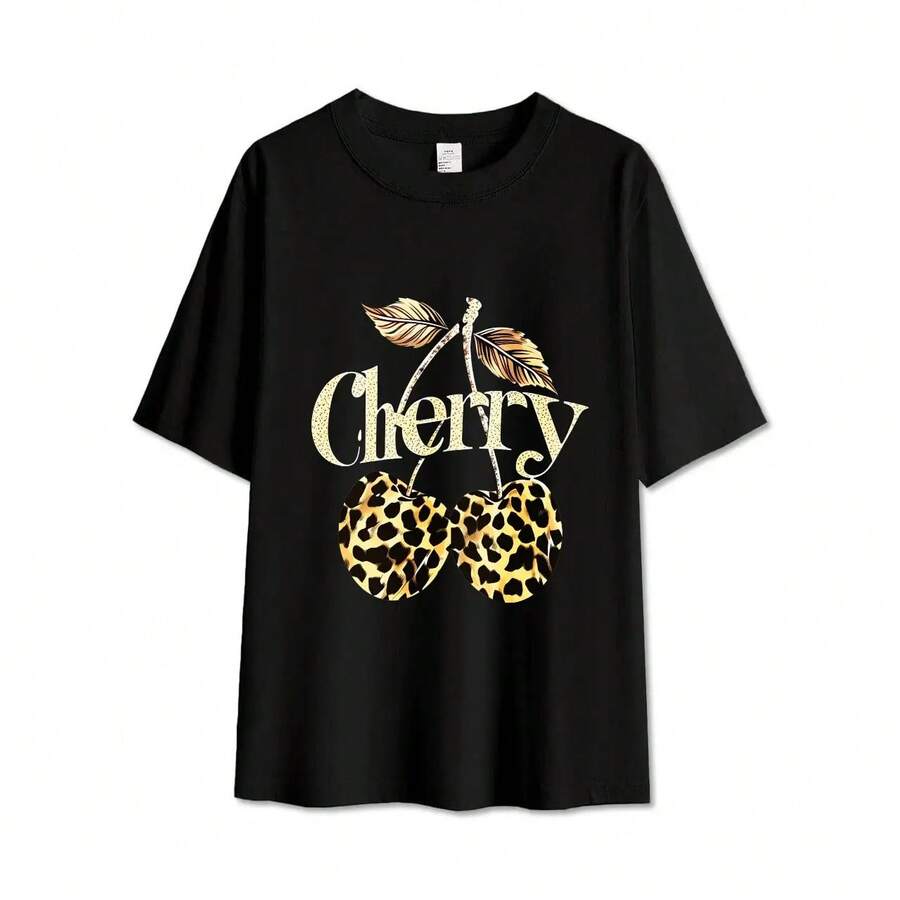 Camiseta de manga corta holgada de verano, con estampado de cerezas y leopardo, estilo americano simple, tela ligera y transpirable, no retiene el sudor, adecuada para uso diario, varios colores, varias tallas, misma versión para hermanas - Negro - Ver 1