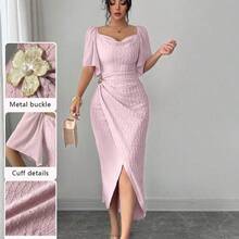 Women's Metal Buckle Color Block Ruffle Collar Petal Sleeve Fitted Elegant Dress, Spring/Summer Dress With Metal Buckle Pink Midi Dress - Morado - Ver 2