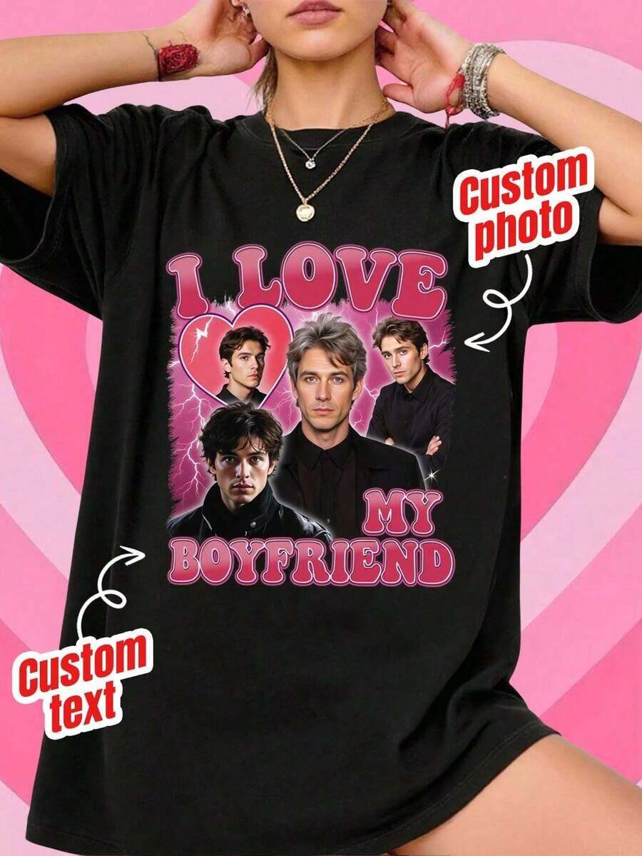 Camiseta personalizada con foto de rostro, Camiseta personalizada con nombre e imagen, Regalo personalizado, Camiseta de regalo del Día de San Valentín "Amo a mi novio" personalizada con foto, "Amo a mi novio" personalizada con corazón, negra de verano - Negro - Ver 1