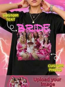 Camiseta personalizada para fiesta individual, estilo retro de hip-hop de los 90, parte superior para despedida de soltera, camiseta de regalo para dama de honor, parte superior de recuerdo de boda, camiseta personalizada con foto vintage, camiseta personalizada para novia, ropa de moda, fresca, minimalista, sencilla para vacaciones de verano en negro - Negro - Ver 2