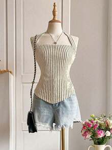 Top corto sin mangas con cuello halter y rayas, estilo callejero para mujer - Albaricoque - Ver 3