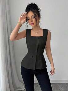 Blusa elegante de mujer con cuello cuadrado sin mangas, decoración con bolsillo falso, camisa ajustada de oficina, primavera/verano - Negro - Ver 5