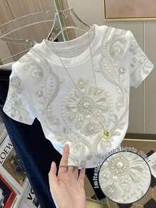 Camiseta corta de mujer de ajuste ceñido con estampado de lentejuelas y perlas de imitación, una prenda imprescindible para el verano, una camiseta de moda y con estilo, adecuada como regalo para hermanas, madres, Día de la Madre, una prenda casual - Blanco 3 - Ver 6