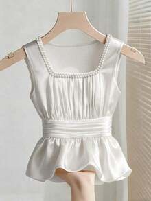 Blusa ajustada sin mangas con cuello y detalles de perlas falsas para mujer - Blanco - Ver 7