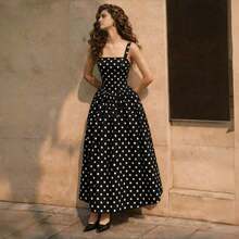Vestido casual y elegante de mujer con cuello cuadrado sin mangas, a lunares en blanco y negro, silueta ajustada, adecuado para el trabajo o citas, falda larga en línea A, apropiado para verano y primavera, vestido elegante para fiestas, ropa exterior, vestido de vacaciones, vestido a lunares - Negro - Ver 5