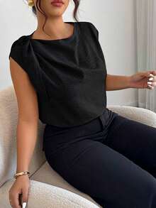 Camisa sin mangas de lino y algodón en beige con lazos en los hombros: informal para vacaciones, elegante para usar en la calle, adecuada para la oficina - Blusa talla grande para primavera y verano - Negro 2 - Ver 6